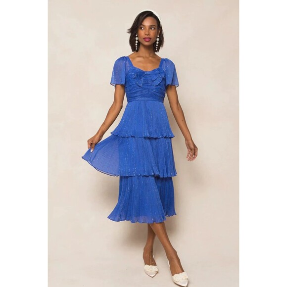 IVY CITY CO. womens Cecily Midi Dress size 8 Cobalt Blue Sparkly Tier Pleated - Picture 1 of 11